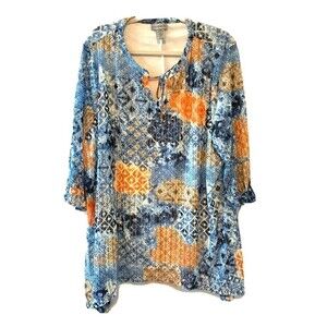 Catherines Women Plus Size 2X 22/24 Petite Multicolor Boho Print Textured Blouse